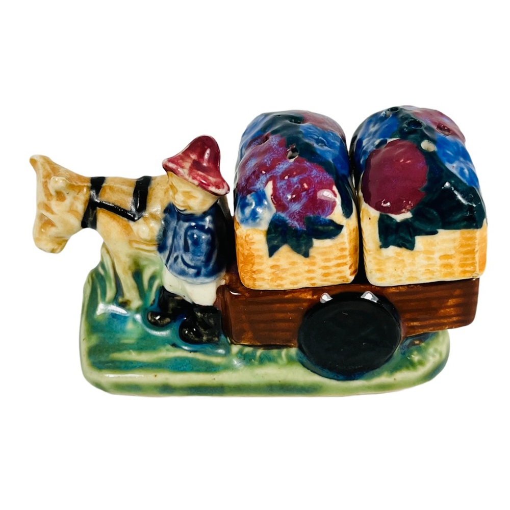 Occupied Japan Donkey Flower Cart Porcelain Salt And Pepper Shakers Set Vintage
